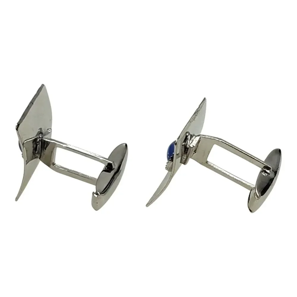 Vintage Mid Century Blue Cats Eye Textured Silver Tone Mens Formal Cufflinks